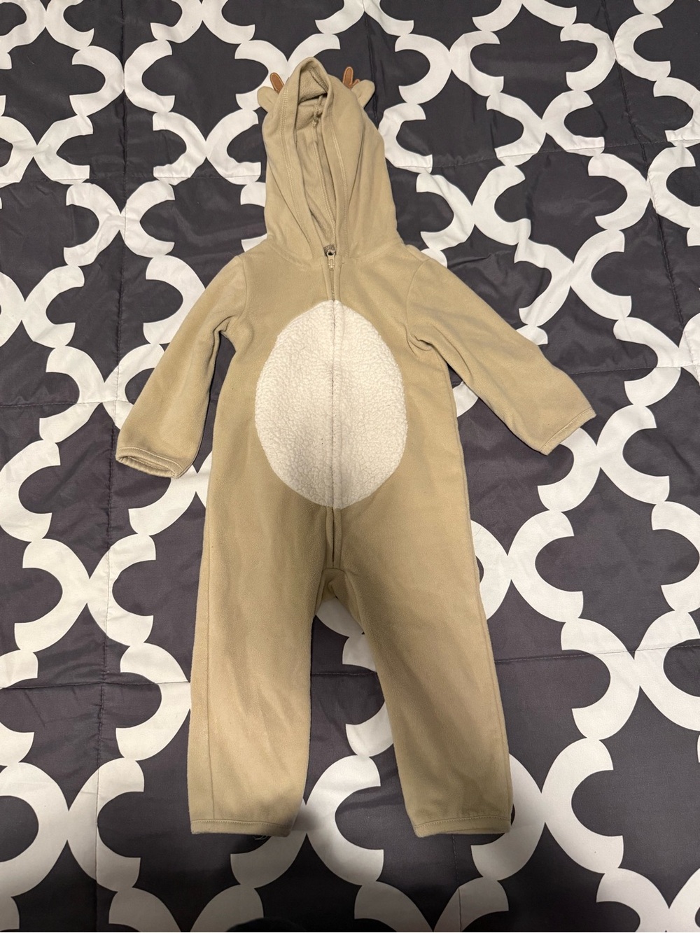 Carter's Reindeer Tan Fleece Hooded Baby One-Piece with Cream Sherpa Panel